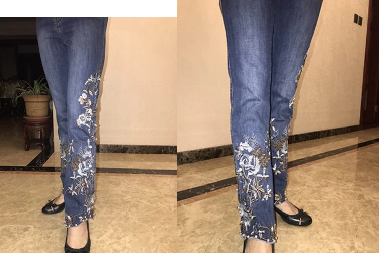 FERZIGE бренд вышивка бисером расклешенные брюки Женские Эластичные Обтягивающие красивая одежда женские джинсы Лолита синие брюки