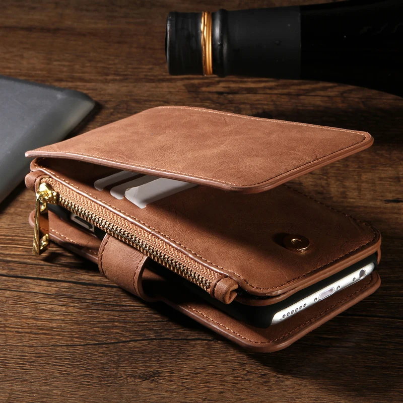 

Wear Resistant PU Leather Long Money Wallet Purse Zipper Bag 8 Card Slot 1 Photo Slot Removable Phone Case for iPhone 6/6S