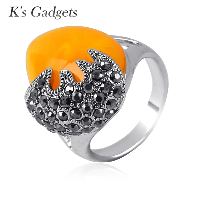 

K's Gadgets Antique Silver Plated Faux Imitation Statement Yellow Stone Vintage Fashion Engagement Jewelry Rings for Women