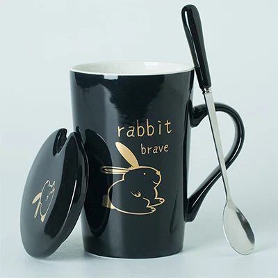 Кошачий коготь чашка креативная керамическая чашка для воды с покрытой ложкой кофейная чашка тренд милый для мужчин и женщин студентов - Цвет: Rabbit Black