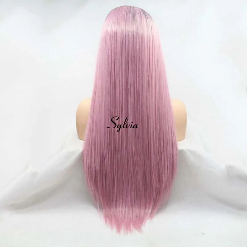 Sylvia Ombre розовый парик длинные шелковистые прямые парики для женщин волосы с темными корнями термостойкие синтетические кружева спереди