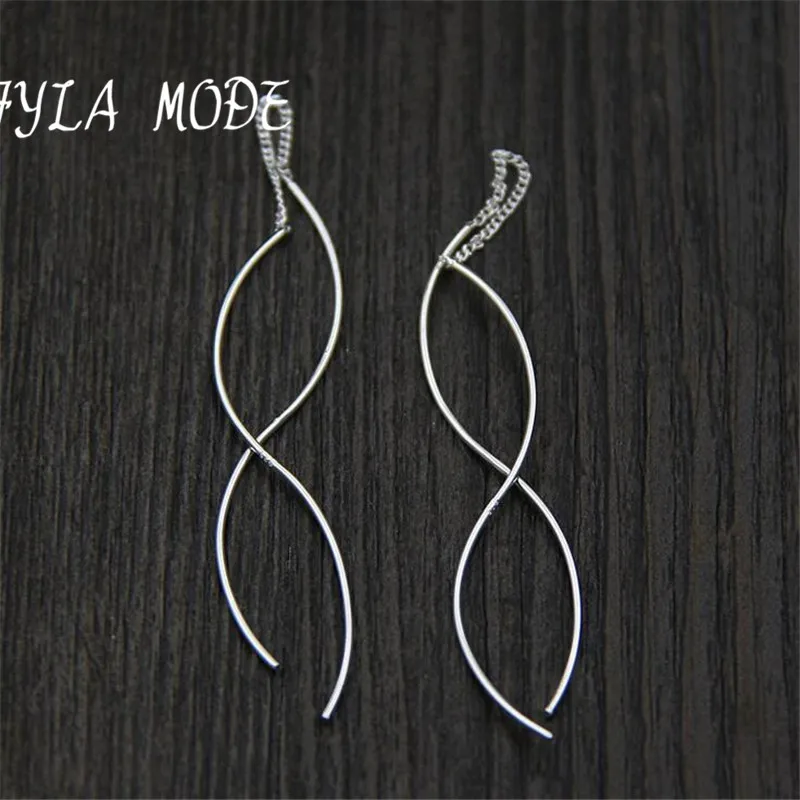 Fyla Mode New Fashion Punk S925 Pure Silver Simple Long Wire Fish Drop Earrings For Women