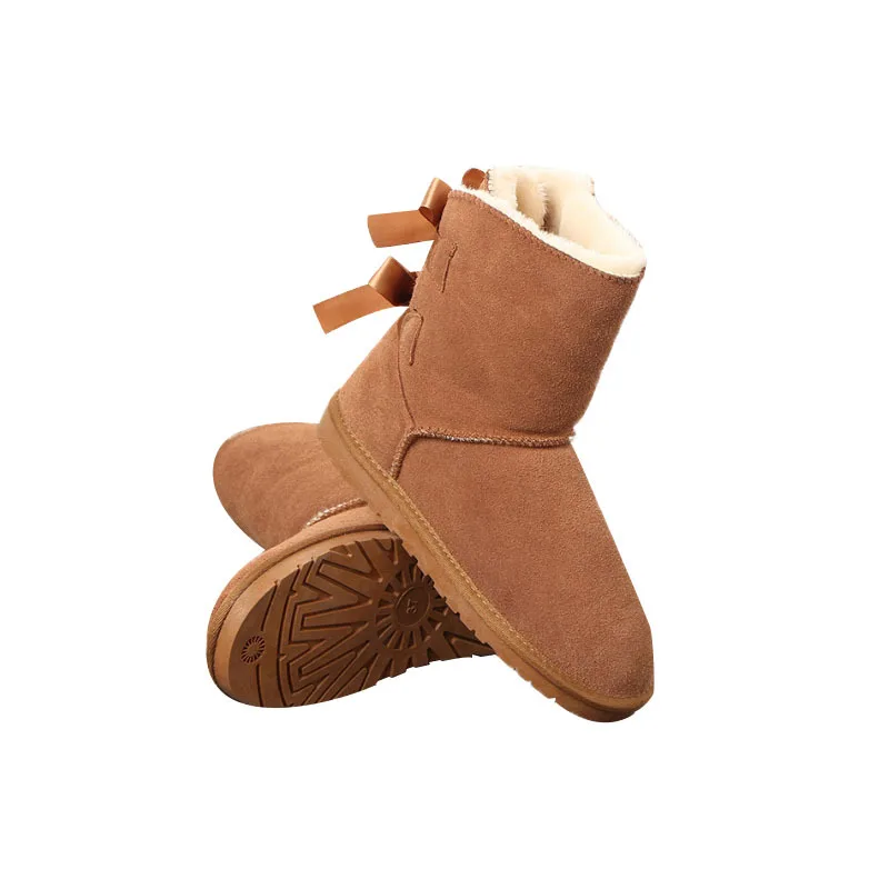 

No Logo Snow Boots Women 2018 Winter Genuine Leather Boots Lady Double Bow Riband Shoes SnowBoots With Fur Warm Botas