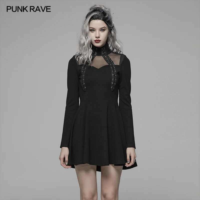 

PUNK RAVE Women's Punk Daily Black Long Sleeve Dress Fashion Gothic Party Club Music Festival Sexy Dress Eyelet Rope Decoration