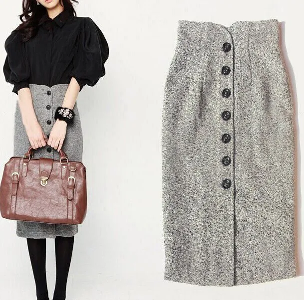 

JSXDHK Business Women Skirt Suits Autumn Black Lantern Sleeve Blouse + High Waist Tweed Single Breasted Bodycon Pencil Suits