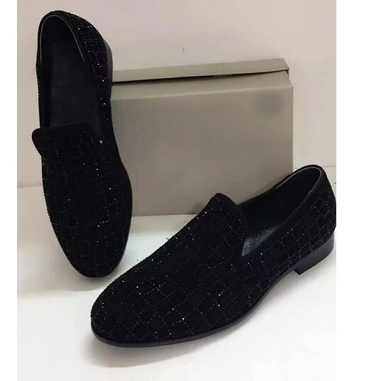 2017 hot selling crystal embellished men shoes high quality leather round toe flat shoes for men slip-on party dress shoes