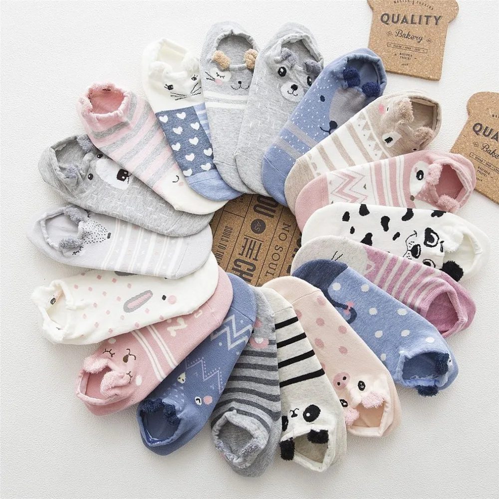 

New Girls Cute Socks With Ear Puppy Cat Pattern Floor Socks Cotton Blends Female Ankel Low Floor Women Socks Meias Mulheres