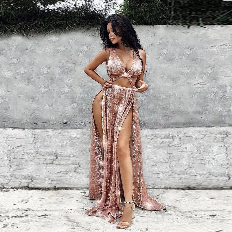 

2019 Sexy Crop Top High Split V-neck Prom Dress Fashion Sequin A-line Sleeveless Evening Gowns Vestido De Festa Longo