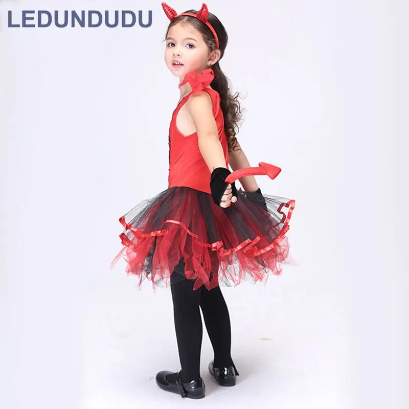 Kids Little Devil Halloween Party Cosplay Costume Girls Red Horror Phantom Cosplay Dress with Arrows Tail (5)