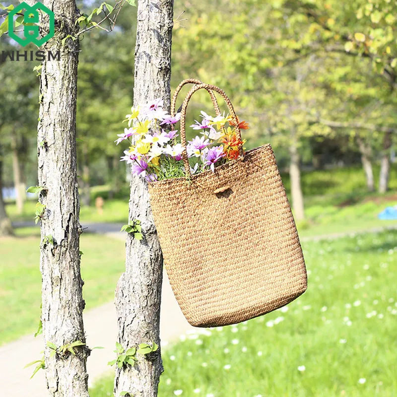 WHISM السفر سلة تخزين خشبية الروطان حقائب كتف القش المرأة الحياكة حقائب اليدوية حقيبة التخزين مع زر WHISM السفر سلة تخزين خشبية الروطان حقائب كتف القش المرأة الحياكة حقائب اليدوية حقيبة التخزين مع زر