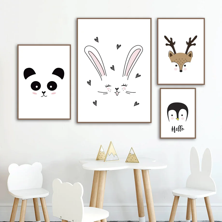 Cartoon-Penguin-Fox-Rabbit-Panda-Flaming-Nordic-Posters-And-Prints-Wall-Art-Canvas-Painting-Animal-Wall(1)