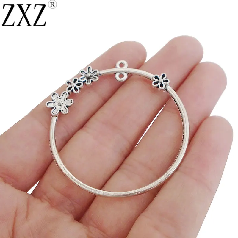 

ZXZ 10pcs Antique Silver Large Open Round Circle Charms Pendants With Small Flower for Necklace Jewelry Making Findings
