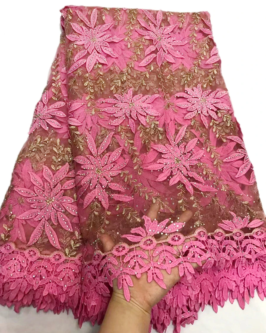 

Newest style pink African Lace Fabric Embroidered Nigerian Laces Fabric High Quality French Tulle Lace Fabric for wedding dress