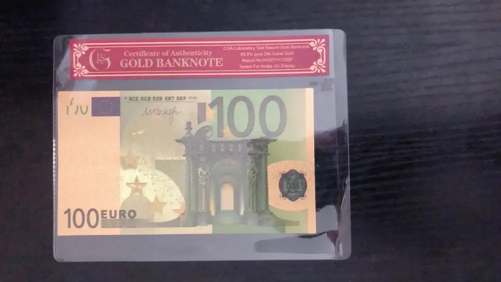 

Fake Gold Banknote Euro banknotes 100 Euros Pure Gold Foil Paper Money Gold Bill Note With COA Frame For Collection banknotes