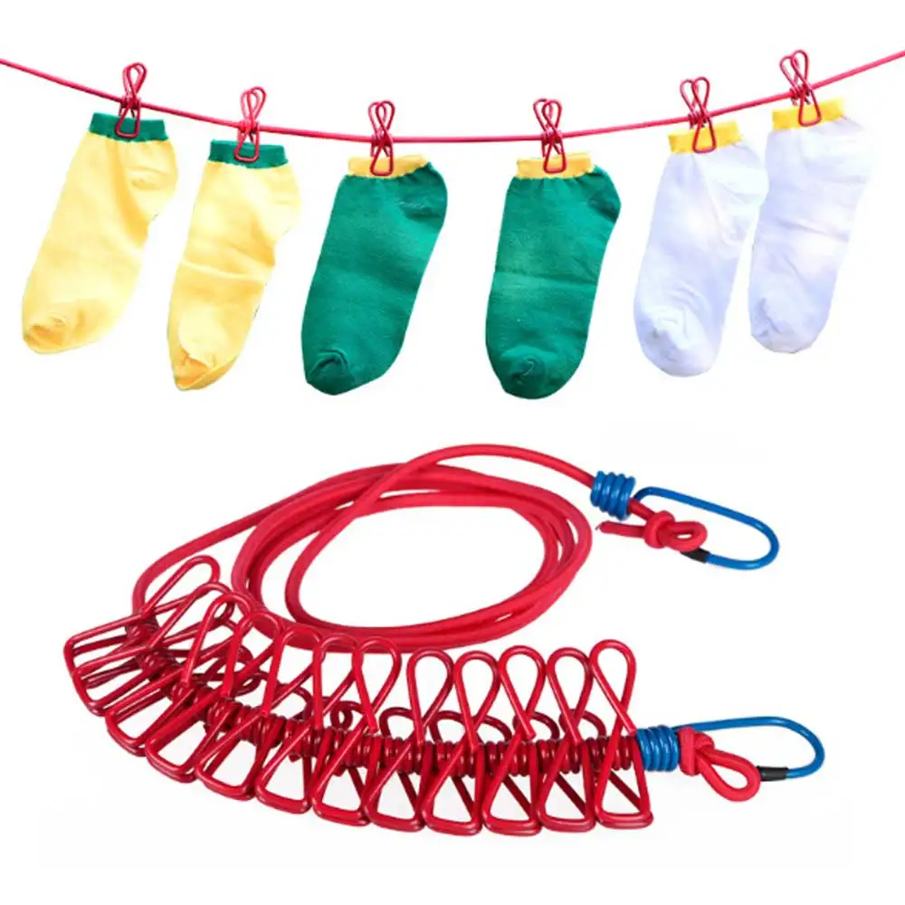 

185cm portable drying rack clothesline with 12 clips windproof clothes hanging rope line outdoor camping travel Clothespins