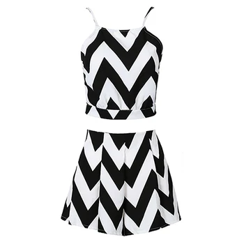 

Women Summer Two Piece Suit Halterneck Striped Sleeveless Top Sexy Shorts Skirt