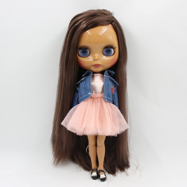 12" Neo Blythe/Takara 7 Joints Doll Translucent Skin Shiny Face Brown Wig PF