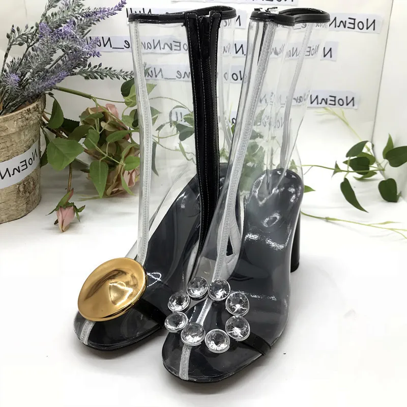 

Crystal Shoes Woman Transparent Chelsea Boots PVC Sexy Thick High Heels Vintage Dress Women Boots Big Rivets Short Booties 40