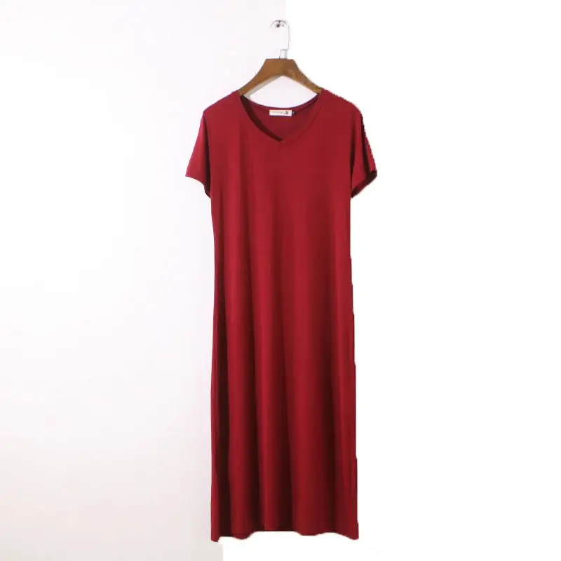 

2019 summer new Slim dress short sleeve large size modal long dress v - neck Solid color elasticity dress Women AC442