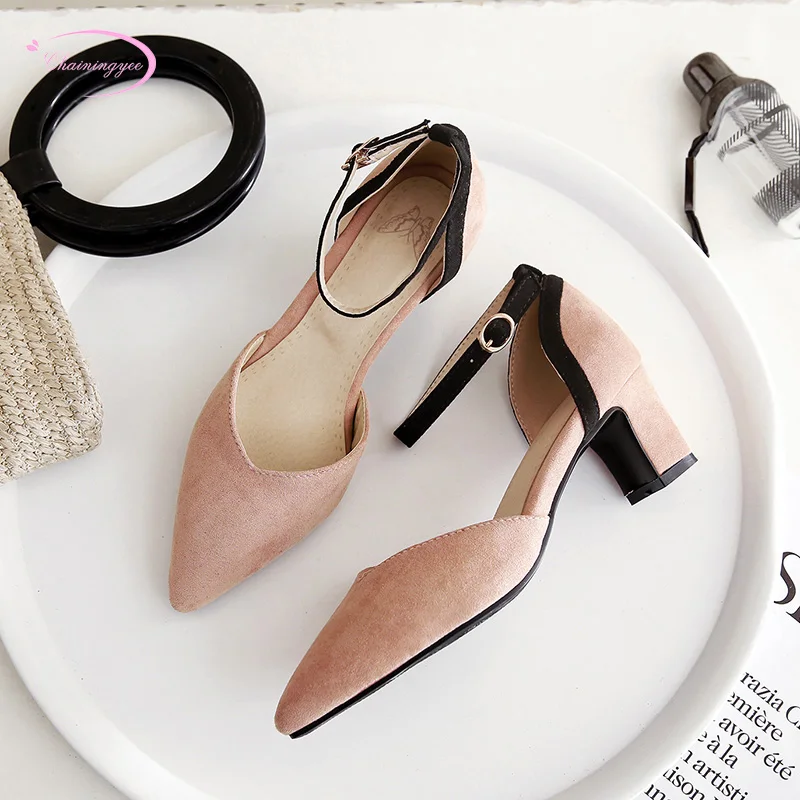 

Japanese party style sexy pointed toe flock summer sandals fashion buckle strap black pink beige high-heeled chunky women shoes