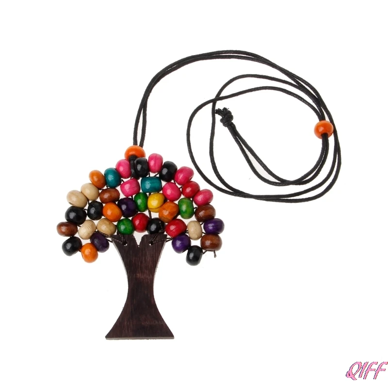 

Tree Of Life Rainbow Wooden Beads Pendant Necklace Boho Ethnic Statement Jewelry