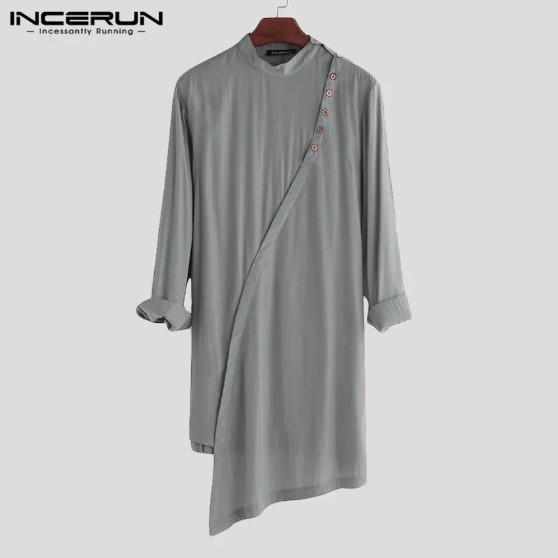 Tanie INCERUN Men Indian do koszuli garnituru 2019 Vintage Button solidna stójka z długim rękawem ubrania muzułmańskie nieregularne długie koszule męskie
