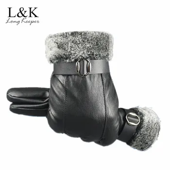 

Winter Warm Rabbit Velvet Fur Mittens Gloves For Women Lady PU Leather Sheepskin Full Finger Luvas Girls Elegant Guantes