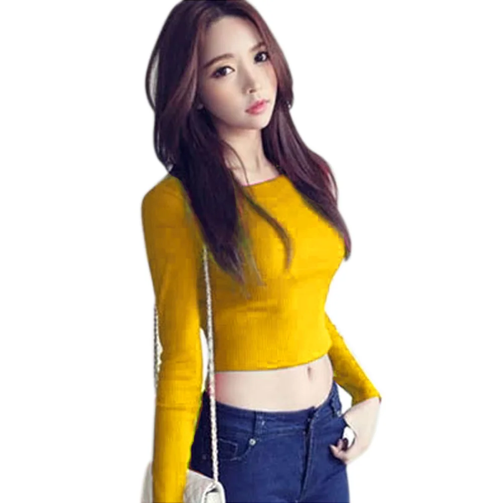 Женская футболка с длинными рукавами, кроп-топы, круглый вырез, футболка, облегающие топы-MX8 - Цвет: Цвет: желтый