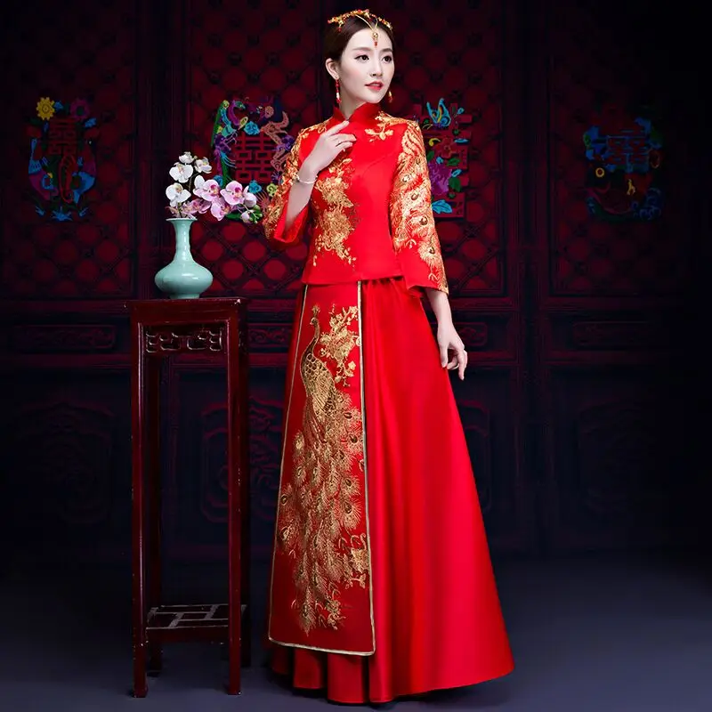 Древних свадебный наряд в одежда невесты платье Традиционный китайский торжественное платье женские cheongsam вышивка феникс красный Qipa