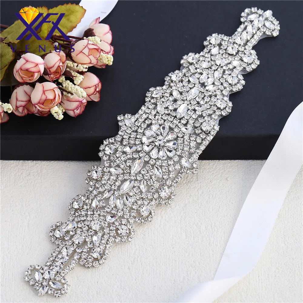 

XINFANGXIU 1 pc Gold diamante sewing bridal sash belts garters headbands rhinestone appliques iron on DIY garment decorations