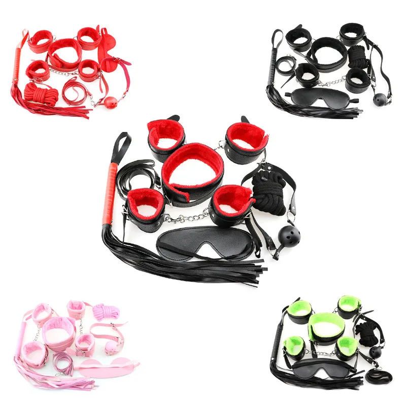 

Novelty Gag Leather fetish Adult SM Love Game Toy Kit for Couples women bondage restraint Set: Mask Handcuff Whip Clamps Gag