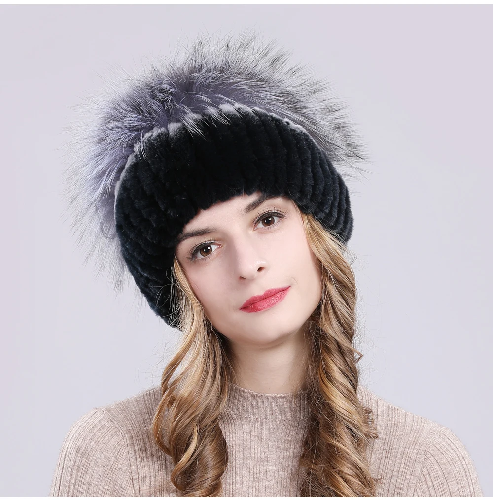 Outdoor Women Warm Soft Genuine Rex Rabbit Fur Hat Knitted Natural Real Sliver Fox Fur Caps Winter Real Rabbit Fur Beanies Hats