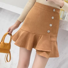 Корейская версия женская Однотонная юбка Офисная Леди Новая осень/зима Кнопка оборки Империя выше колена мини труба юбка женская