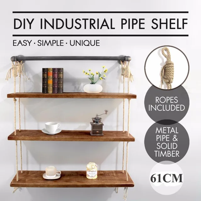 61cm 3 Layers Rustic Iron Pipe Wall Mounted Shelf Wooden 61cm 3 Layers Rustic Iron Pipe Wall Mounted Shelf Wooden Board