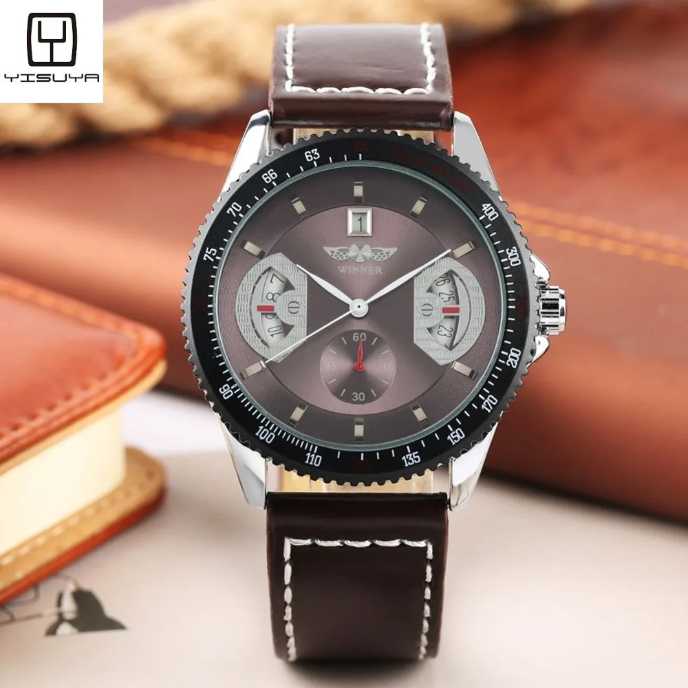 

Trendy Automatic Mechanical Watch for Male Elegant Leather Mechanical Watches for Teen Luxury Calendar Display Men Watch Gift