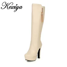 Г. большой размер 31–45 новые зимние женские боты модные однотонные туфли на платформе и высоком каблуке из PU искусственной кожи высокие сапоги с металлическим украшением HLE-Q8