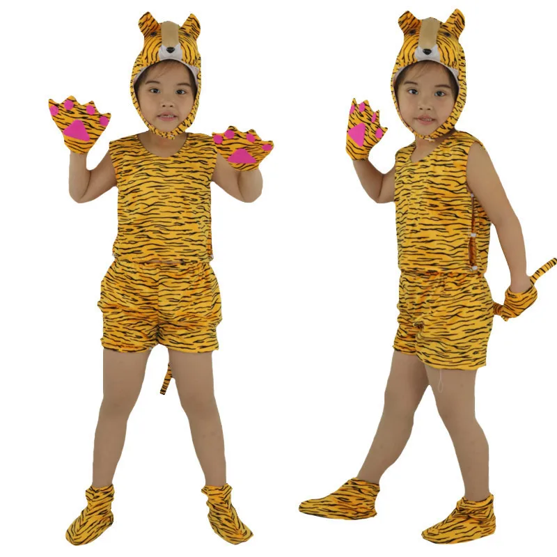 Детский карнавальный костюм с изображением животных; костюм лисы, медведя, муравья, тигра, волка, кролика, обезьяны; одежда с короткими рукавами для дня рождения, карнавала - Цвет: tiger