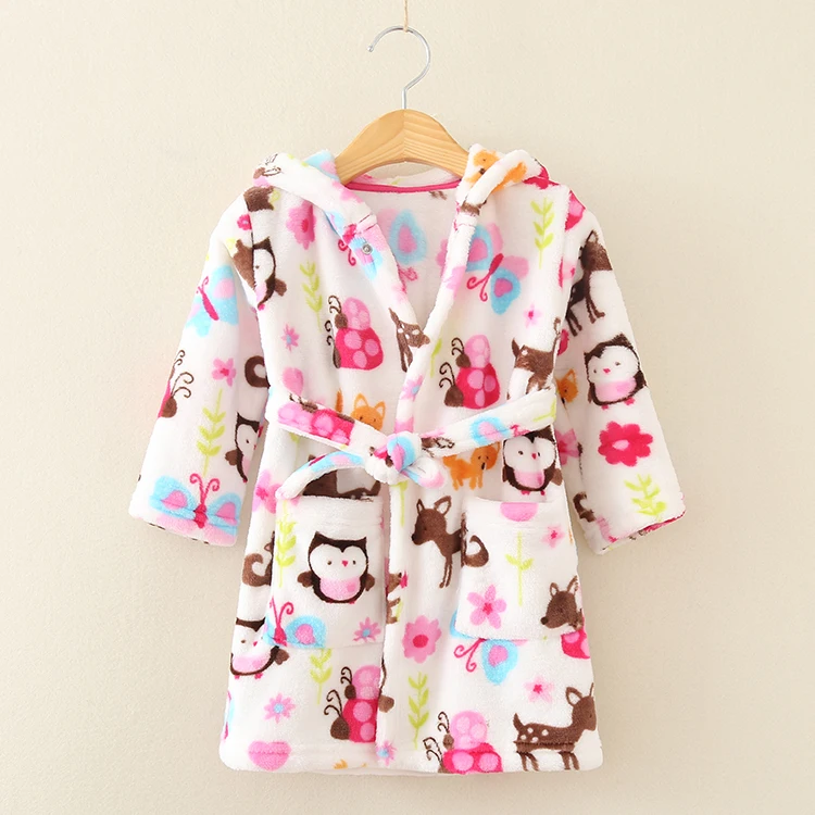 Hooded Soft Kids Robes Cute Cartoon Owl Pattern Children Robes Girls Sleepwear Bathrobes Autumn