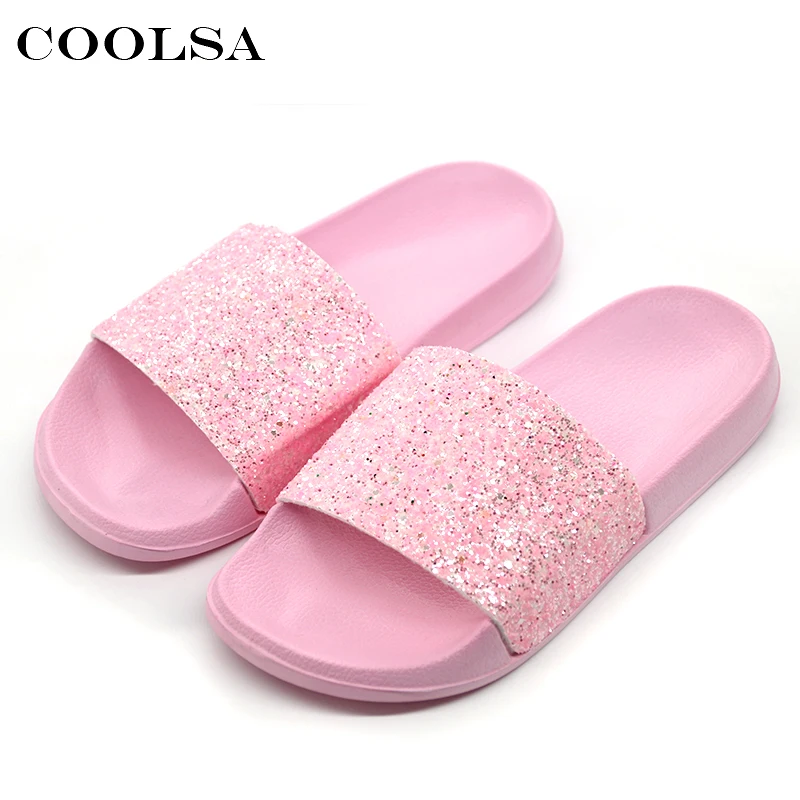 Beste COOLSA Nieuwe Zomer vrouwen Slippers PU Bling Bling Slides Platte zachte Bodem Sandalen Thuis Slippers Vrouwelijke Tap Casual Strand schoenen