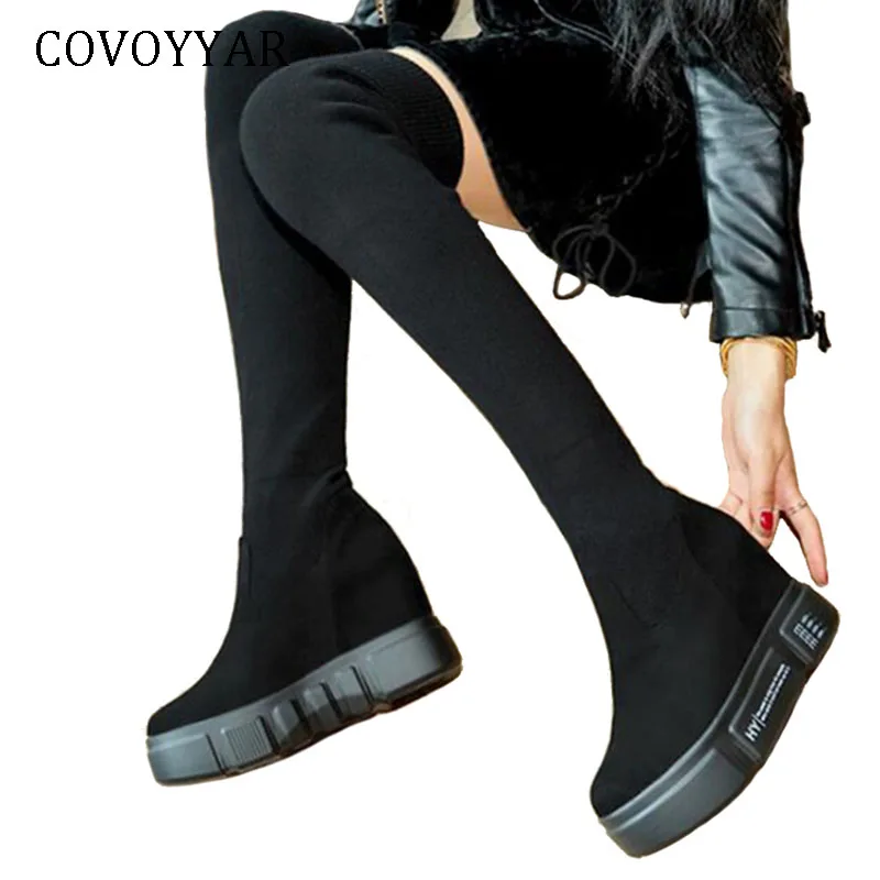 

COVOYYAR 2019 Elastic Knitted Thigh Long Boots Women Autumn Winter Slim Over Knee Boots Hidden Heel Platform Black Shoes WBS1025
