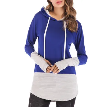 

Women Casual Sweatshirts hoodie Thumb Hole Design Striped Long Sleeve Patchwork Zipper V-Neck Hooded Slim Shirt hoody #Zer
