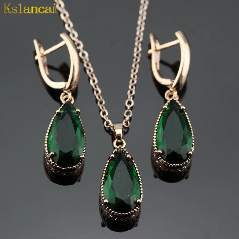 

LAN Water Drop Shaped Rose Gold Jewelry Sets Green Stone AAA Zircon For Necklace&Pendant /Earrings For Women Party Free Shipping