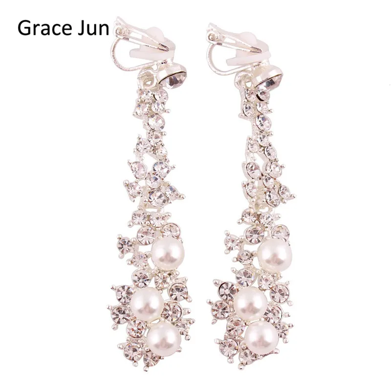 

Grace Jun High Quality Long Rhinestone Simulated Pearl Clip on Earrings Without Piercing for Women Party Weddng Luxury Ear Clip