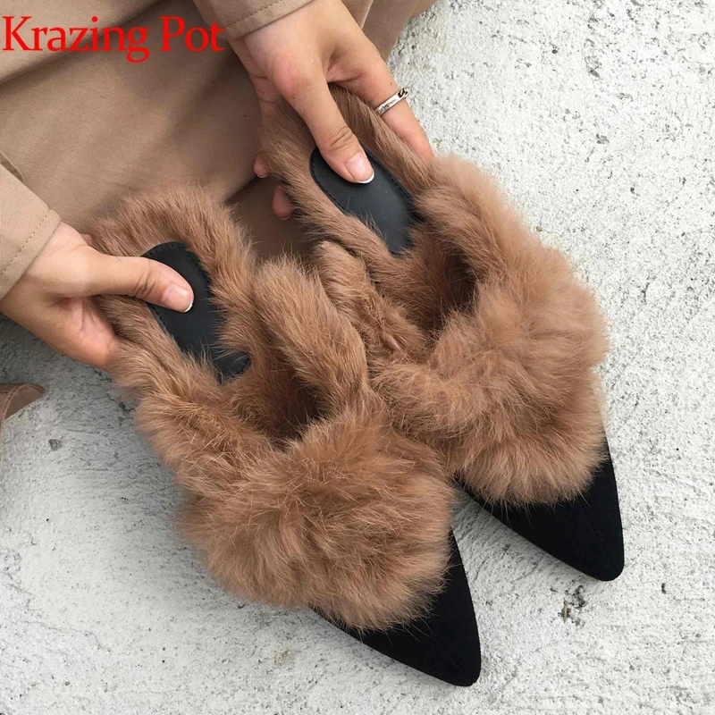 

Krazing Pot sheep suede rabbit fur low heel pointed toe outside slippers oriental basic movie star Autumn winter mules women l22