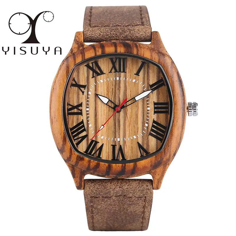 

YISUYA Natural Wood Watches Top Brand Irregular Round Face Mens Genuine Leather Quartz-watch Male Christmas Gift Reloj de madera