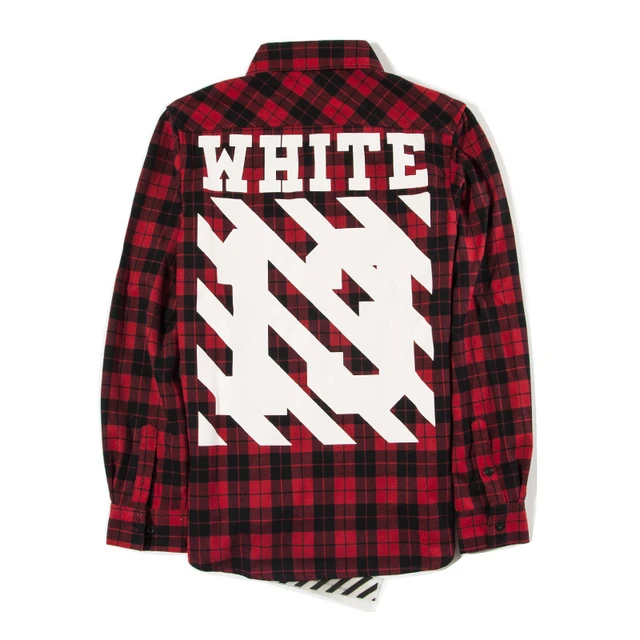 Off White C/O Virgil Abloh stripe pyrex vision kanye west men's 13 plaid flannel sleeve red and black shirts _ - Mobile