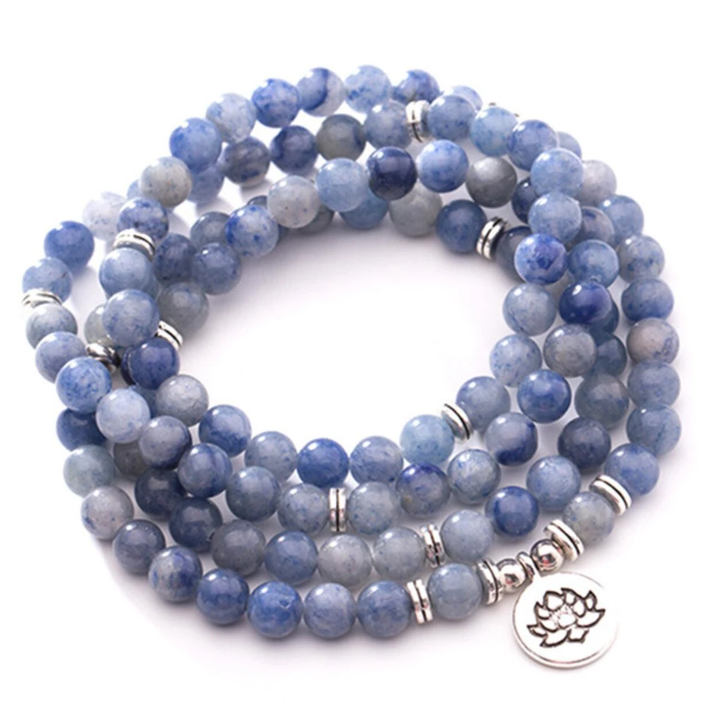 

8 mm semi-precious Blue dong Lin Natural stone 108 mala Amazonite beads Lotus om Buddha Yoga Charm women Bracelet or necklace