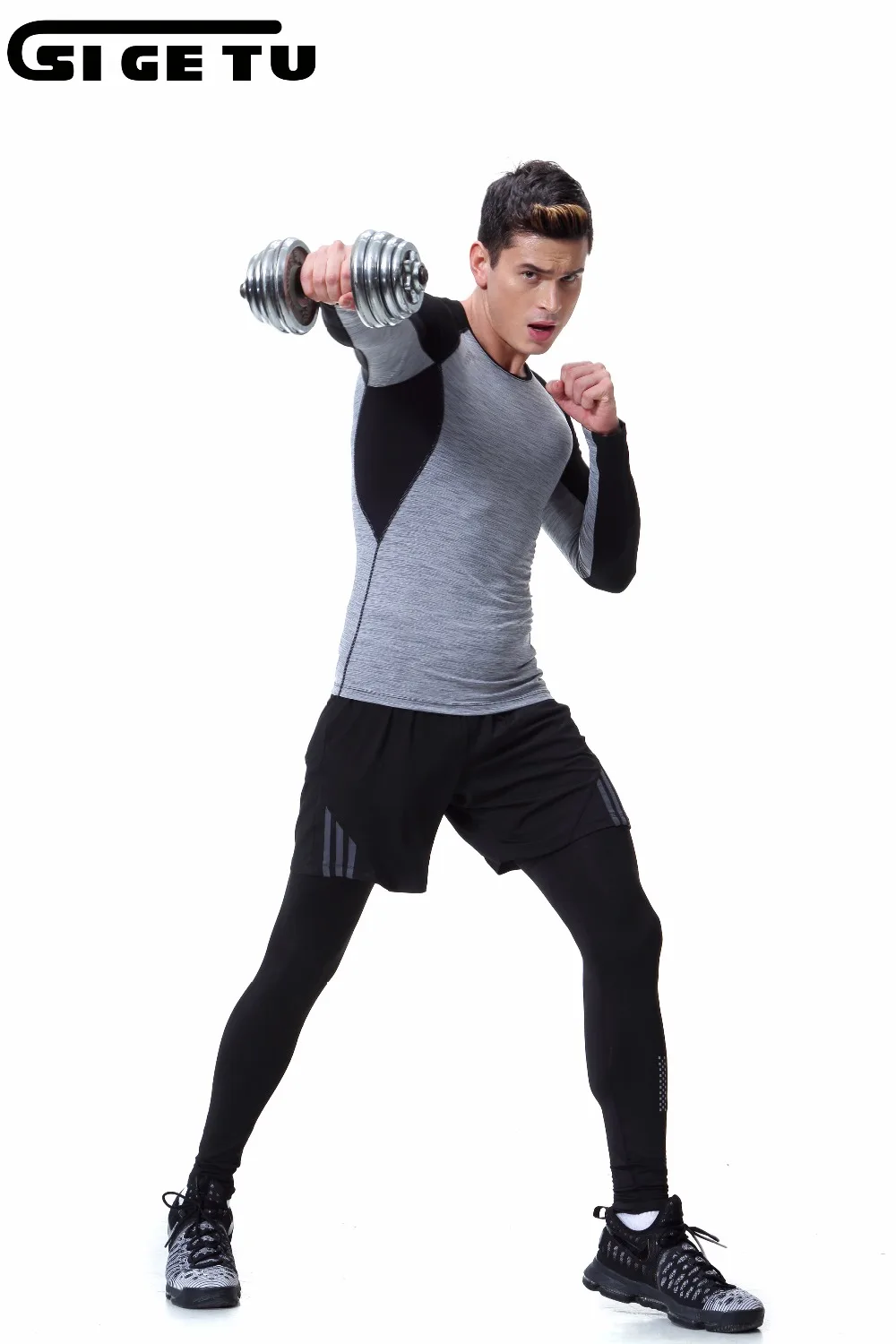 

New men Gray Long sleeves jogging Breathable Fitness Suits Running Sports Stretch Training Clothes Gym Tights Sportswear 3pcs