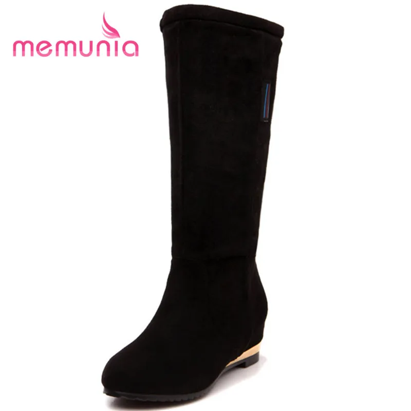 

MEMUNIA big size 32-43 simple height increasing women boots comfortable round toe fashion boots 2018 hot sale mid calf boots