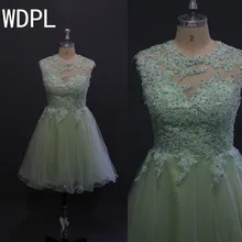 WDPL 2016 Echt Bild Spitze Abiballkleider Appliques Perlen Mintgrün Kurze Cocktailkleider Sexy Backless Prom Gownsd